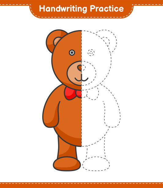 书法练习。泰迪熊的描线。教育儿童游戏，可打印的工作表，矢量插图图片下载