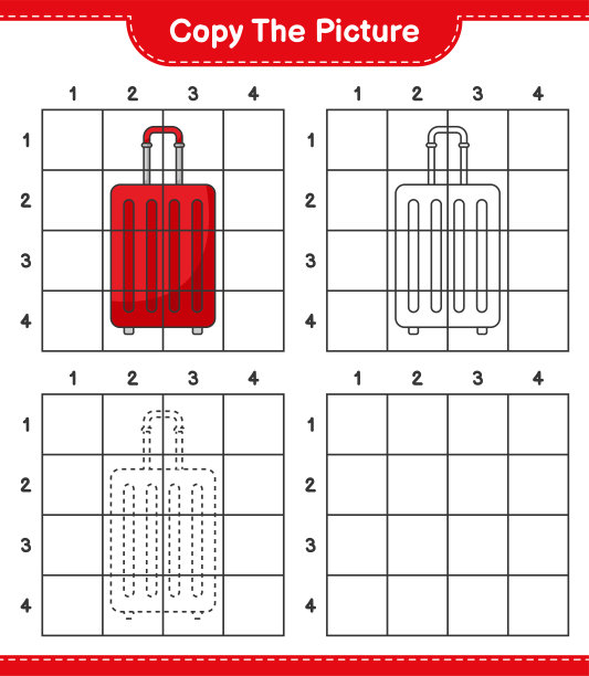 复制图片，使用网格线复制旅行袋图片。教育儿童游戏，可打印的工作表，矢量插图图片下载