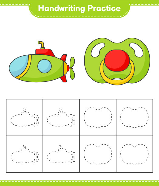 书法练习。追踪潜水艇和奶嘴的线条。教育儿童游戏，可打印的工作表，矢量插图图片下载
