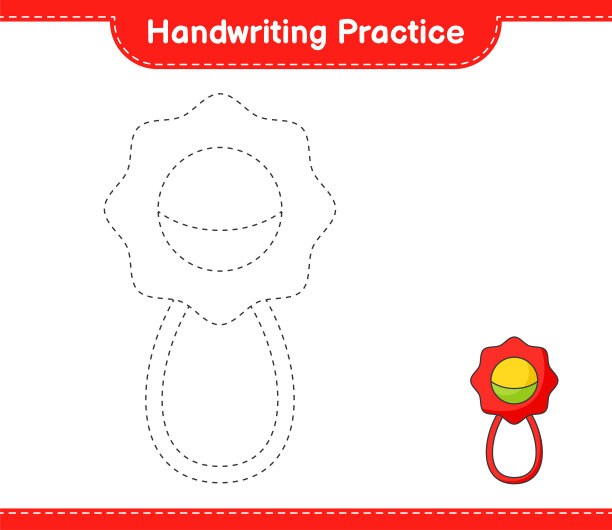 书法练习。描摹婴儿拨浪鼓的线条。教育儿童游戏，可打印的工作表，矢量插图图片下载