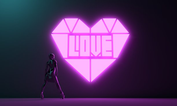 霓虹灯闪烁着情话和女人的背光。图片下载