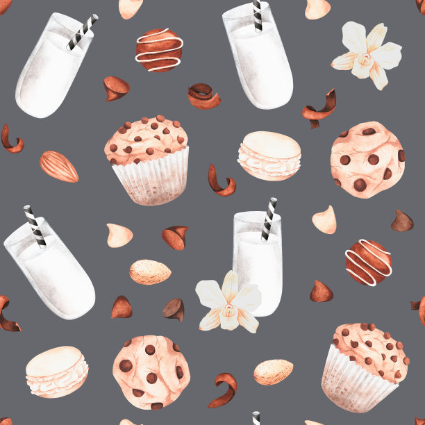 牛奶和饼干的无缝模式。水彩的插图。为你的设计。图片下载