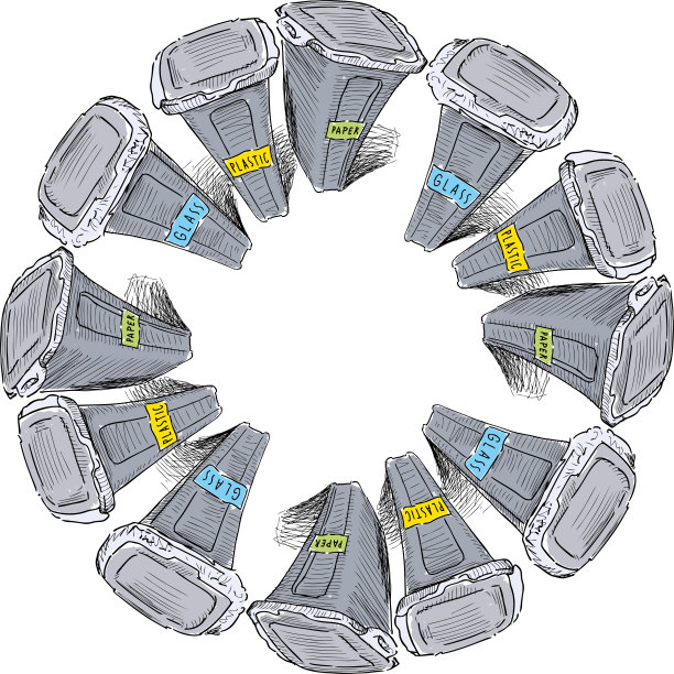 矢量圆形设计元素，从分类垃圾桶与塑料，玻璃，纸的草图图片下载