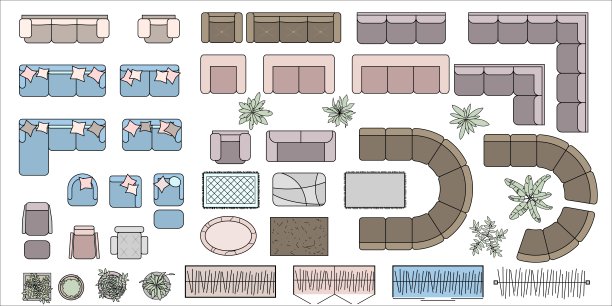 为客厅，办公室，房子，公寓设置彩色家具元素。室内图标，沙发，椅子，植物。用于室内设计的家具符号。前视图。孤立的向量集合图片下载