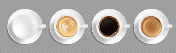 现实的咖啡杯设置不同的颜色热饮。黑咖啡，卡布奇诺，浓咖啡，玛奇朵，摩卡俯视图。图片下载