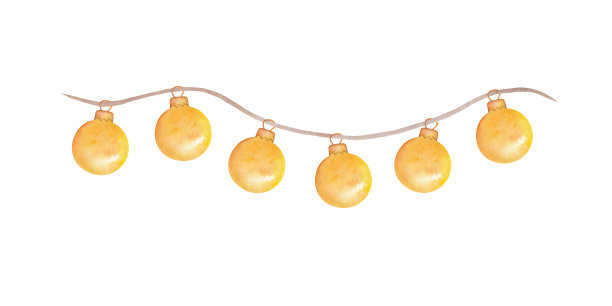 水彩插图手绘黄色装饰玩具在球形的花环上，杉树球为圣诞节，新年孤立在白色图片下载