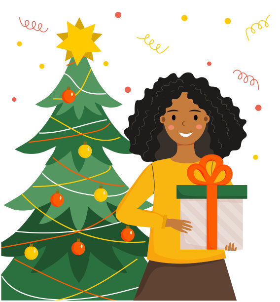 一个带着圣诞礼盒的美国黑人年轻女子站在圣诞树旁。圣诞节，新年心情。平面风格的矢量插图。图片下载