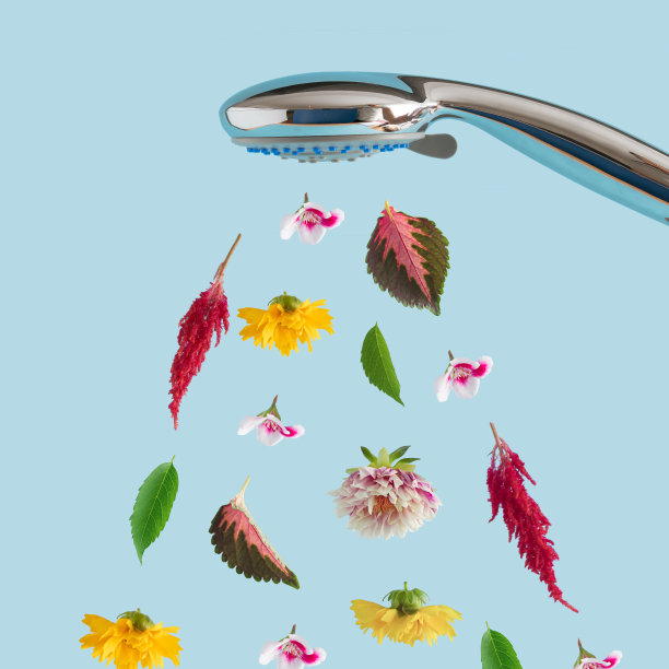 五颜六色的花在盛开，叶子从阵雨中冒出来。创造性的最小概念。图片下载