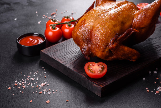 美味的新鲜烤火鸡配上香料和香草，适合家庭节日餐桌图片下载