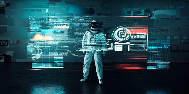 宇航员在黑暗的科幻背景下看着未来的屏幕。这是一个3d渲染图。图片下载