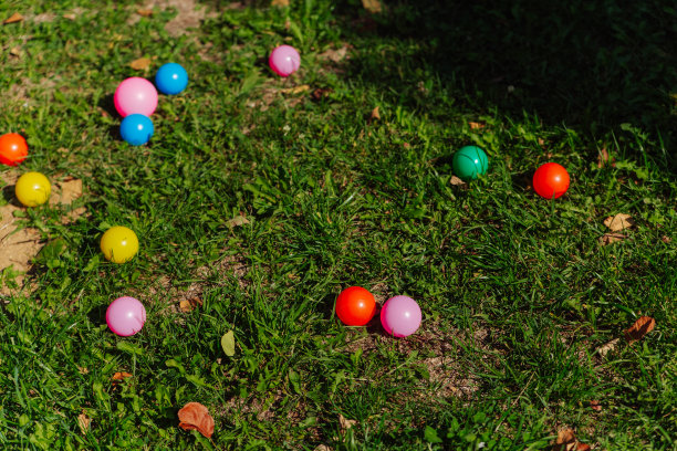 在草地上玩游戏和教孩子玩的彩色塑料球图片下载