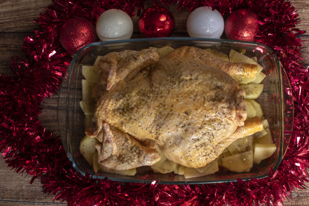 圣诞装饰玻璃托盘上的生鸡肉。图片下载