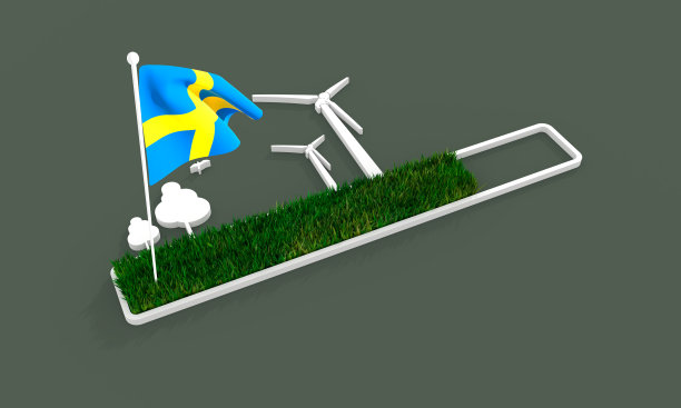 进步或装载杆与树木和风力涡轮机。瑞典的国旗图片下载