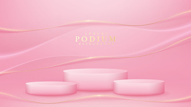 现实的粉红色产品讲台展示与线金色波浪背面。豪华3d风格背景概念。图片下载