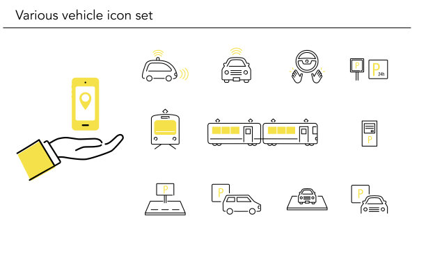 各种车辆图标集，黄色和黑色，矢量插图图片下载