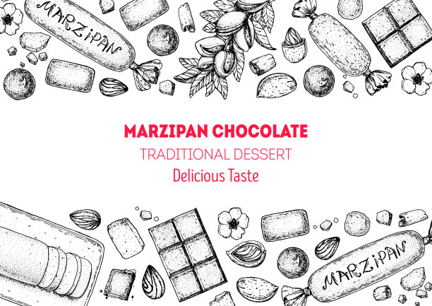 杏仁糖的烹饪和杏仁糖的成分，草图插图。杏仁及杏仁制品。矢量插图。圣诞甜品架。设计元素。手绘，包装设计图片下载