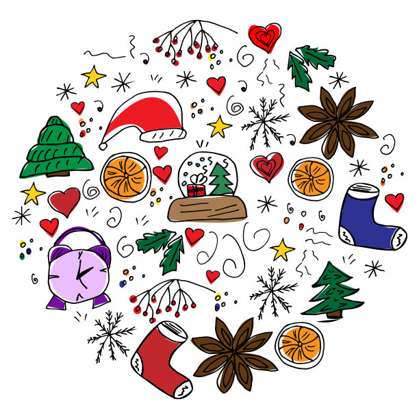 一套手绘色彩丰富的圣诞节元素的风格涂鸦图片下载