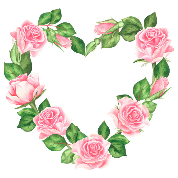 心形玫瑰框水彩的插图。孤立在白色背景上。为你的设计。图片下载