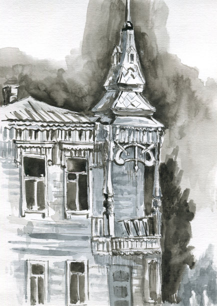 木制建筑与炮塔图形草图图片下载