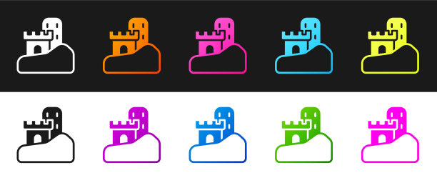 设置沙堡图标孤立在黑色和白色图片下载