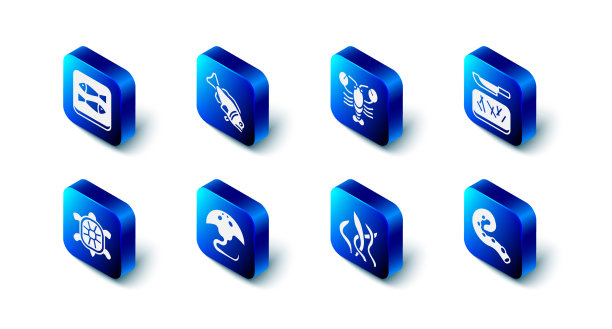 备有鱼、龙虾切菜板和刀图片下载