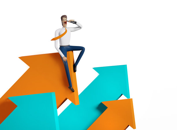 商人站在箭头上，用望远镜寻找新的商业机会。成就、赢家、新创业和成功概念三维渲染图。图片下载