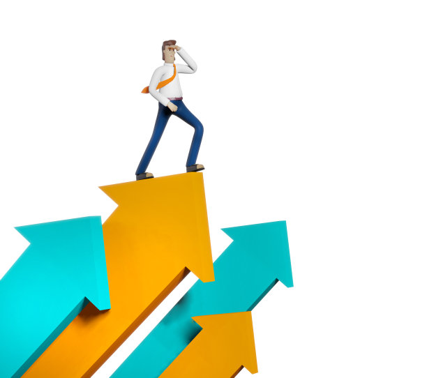 商人站在箭上，寻找新的商机。成就、赢家、新创业和成功概念三维渲染图。图片下载