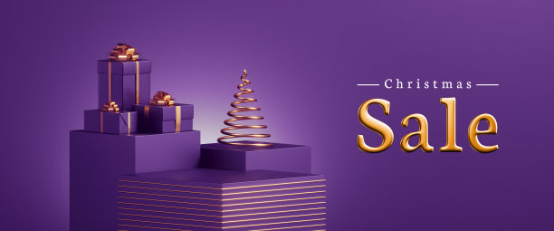 圣诞节销售旗帜。紫色背景，空讲台为产品展示，装饰有礼品盒和金色饰品。三维渲染图片下载