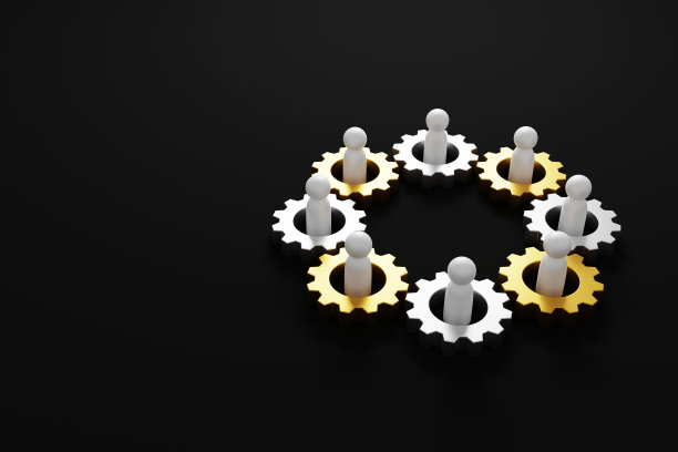 并购业务伙伴，加入公司，股东，公司合作。齿轮加工和人体三维插图图片下载