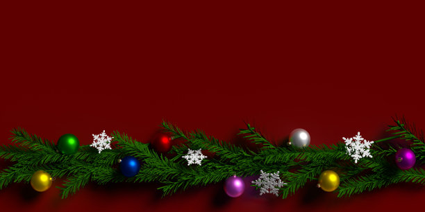 底部框架边界五彩缤纷的圣诞装饰品在绿色的树枝上红色的表面图片下载