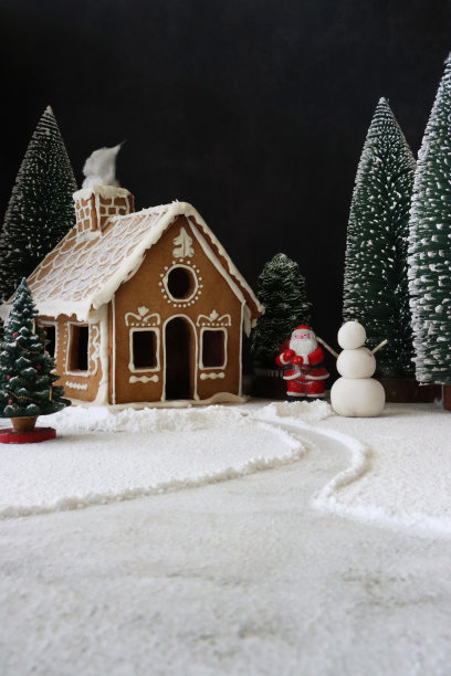 自制图像，姜饼屋装饰白色皇家糖霜显示在雪天，夜间针叶林场景，圣诞老人，雪人，糖霜糖雪，黑色背景图片下载