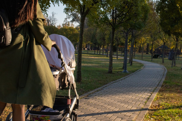 一个年轻的母亲推着婴儿车，在温暖、阳光灿烂的秋日里，慢慢地走在树林的小路上。花时间和婴儿在一起。享受漫步。后视图。库存图片图片下载