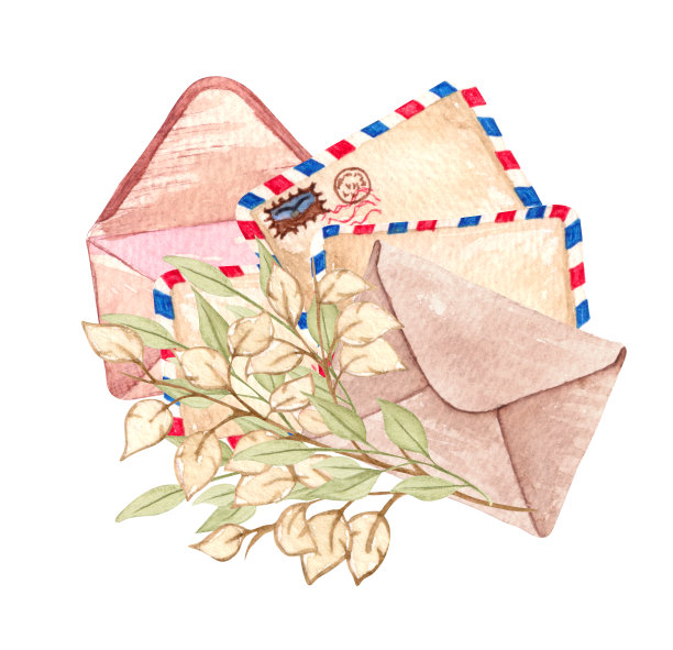 水彩老式信件和信封。手绘爱情插图。图片下载