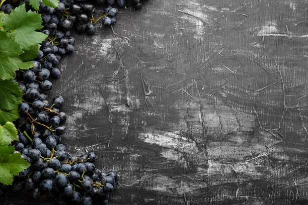 黑色混凝土背景下的黑色多汁葡萄。葡萄架。在黑色磨损的背景上复制文本或菜单空间。框架由葡萄水果制成，在深色背景上放置文本图片下载