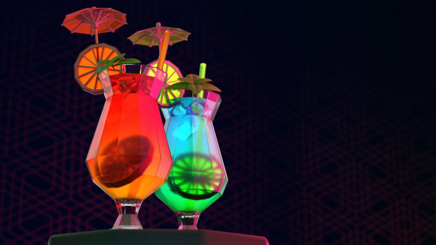 3d插图的两个鸡尾酒在一个黑暗的背景在低多边形风格图片下载