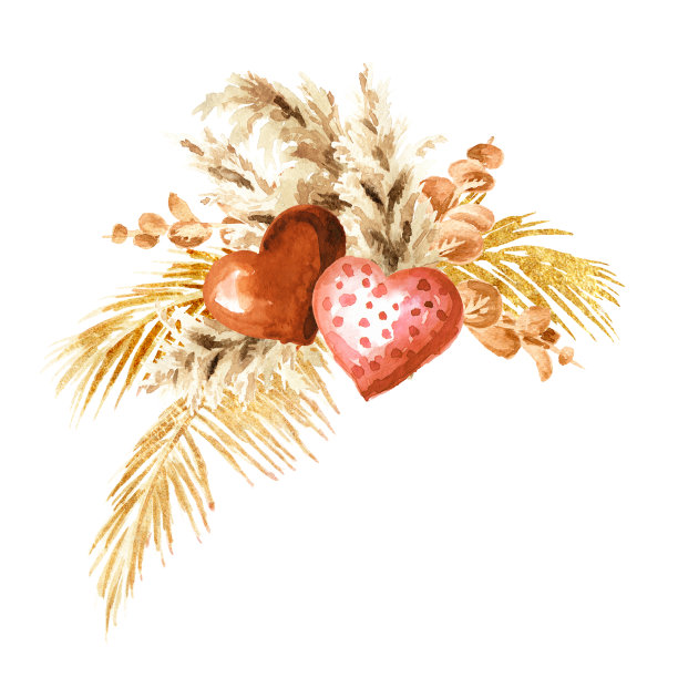 情人节波西米亚花束，贺卡概念。水彩手绘插图孤立在白色的背景图片下载