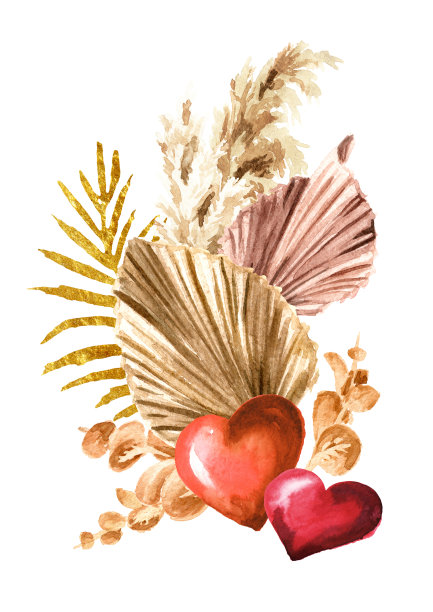 情人节波西米亚花束，贺卡概念。水彩手绘插图孤立在白色的背景图片下载