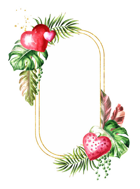 情人节框架，贺卡概念，水彩手绘插图，孤立在白色背景上图片下载