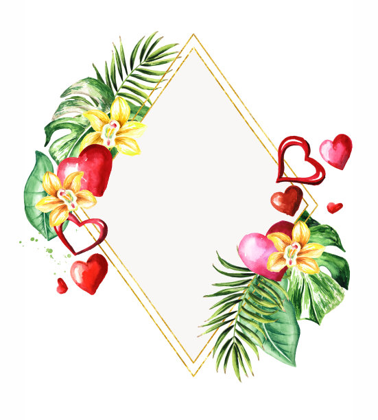 情人节框架，贺卡概念，水彩手绘插图，孤立在白色背景上图片下载