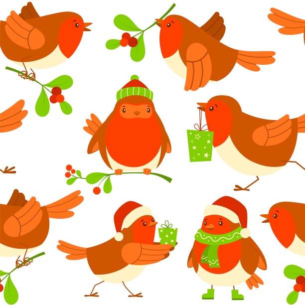 圣诞鸟无缝图案。圣诞节背景矢量插图图片下载