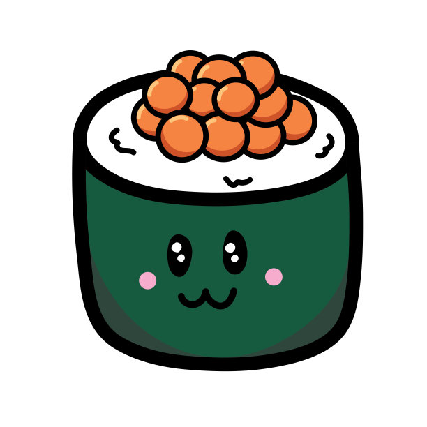 向量可爱的卡通寿司卷，上面有三文鱼鱼子酱，可爱的卡通日本传统食物，白色背景孤立的寿司。图片下载