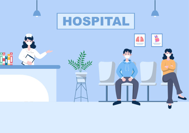 医疗保健医院建筑卡通背景矢量插图，救护车，医生，病人，护士和医疗诊所外观图片下载