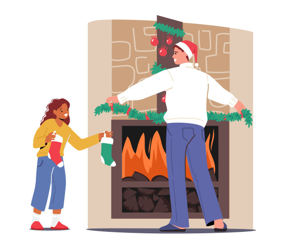 圣诞节快乐家庭装饰房间。父女用杉树树枝装饰壁炉图片下载