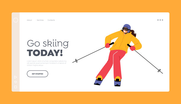 积极生活方式登陆页面模板。女孩滑雪下山。冬季娱乐和休闲，冬季运动活动图片下载