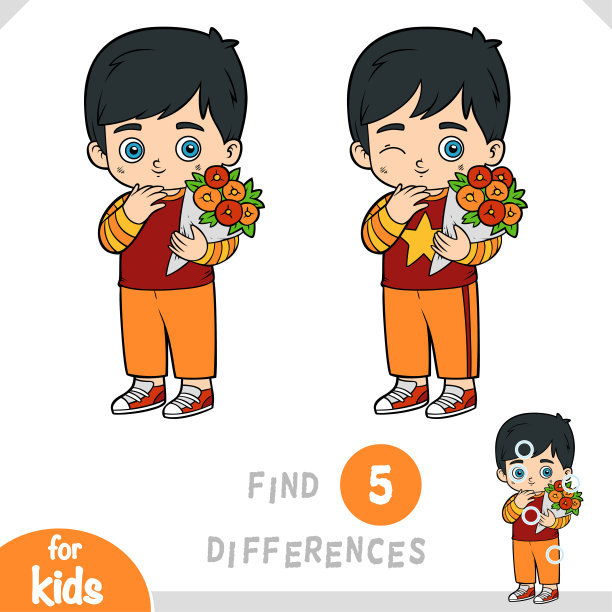 寻找差异，儿童教育游戏，男孩和一束花图片下载