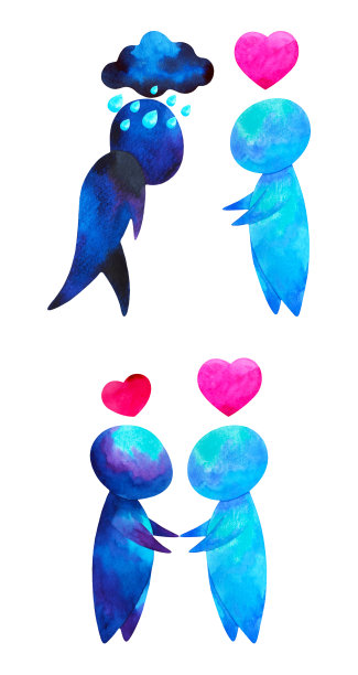 两颗人类的同情心、同理心、爱心，理解抽象艺术、水彩画、插画、设计图、卡通符号的积极情感图片下载