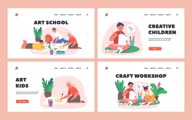 艺术学校登陆页面模板集。孩子们绘画，小男孩和女孩用颜料和铅笔在纸上画画图片下载