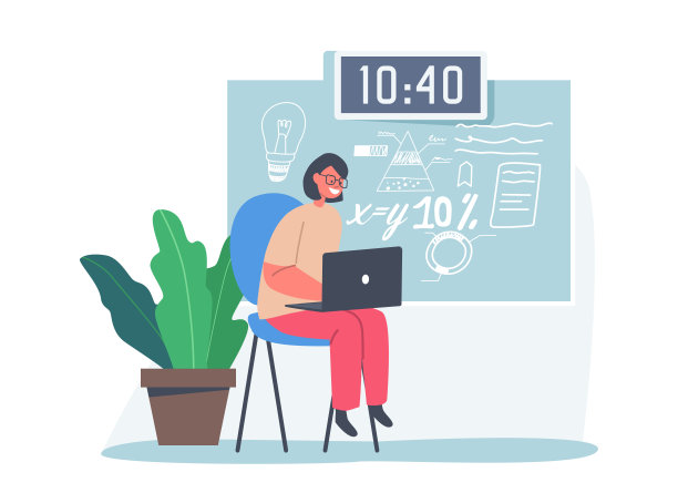 小女孩坐在椅子上，手里拿着笔记本电脑，旁边是黑板和公式。儿童教育，儿童学校课程图片下载