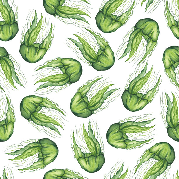 无缝图案与可爱的绿色透明的水母在白色的背景。海洋生物。水彩插图。墙纸，纺织品，包装纸。图片下载