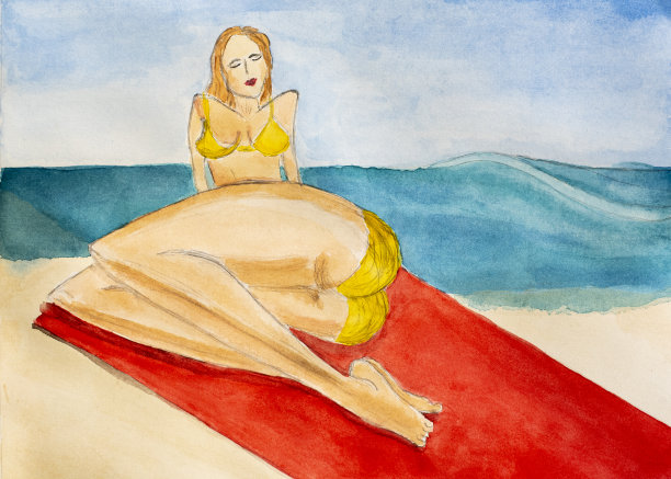 穿着比基尼的女人在海滩上放松。假期的概念。水彩手绘插图图片下载